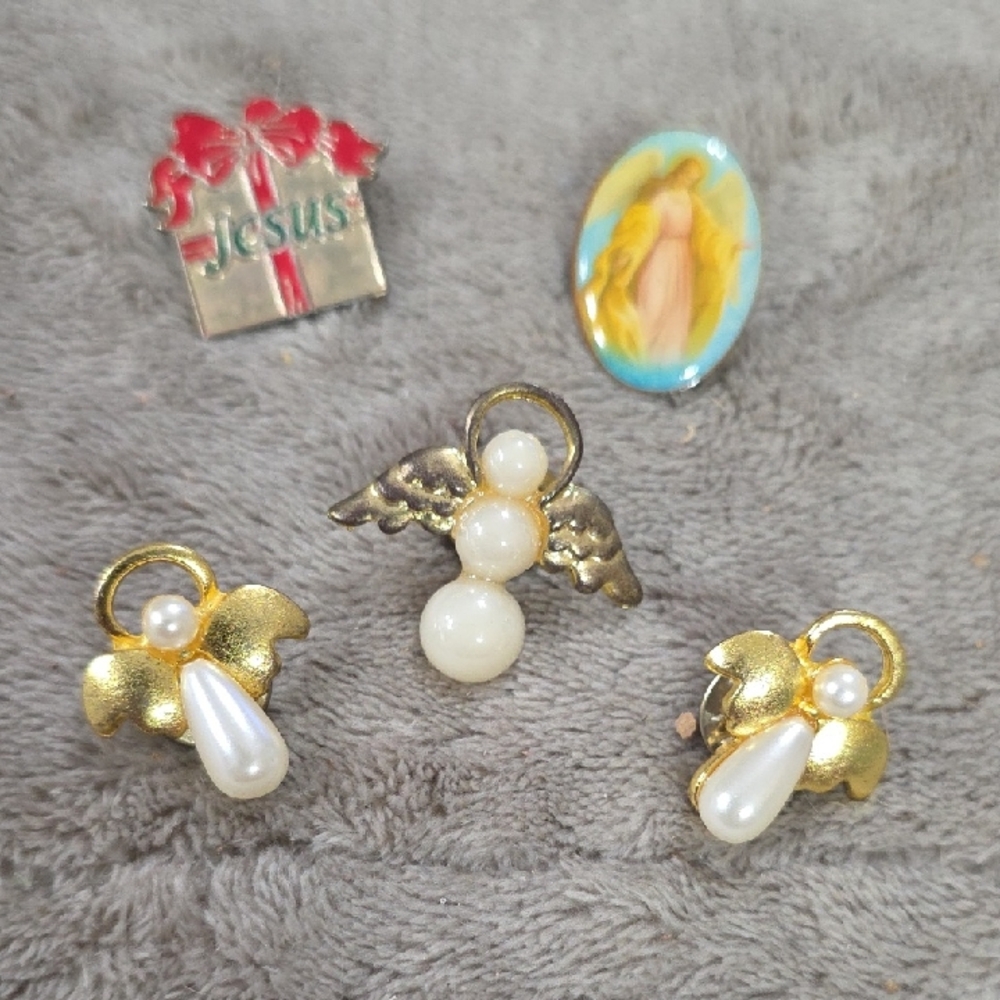 Angel/Jesus‎ Christmas Tac Pin Bundle Of 5 Goldtone Faux Pearls Jewelry Crafting